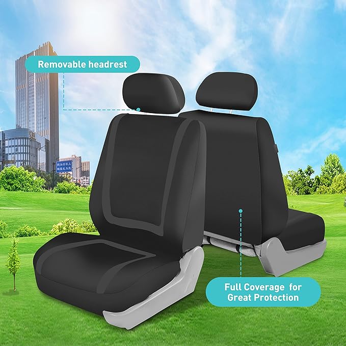 FH Group Car Seat Covers Front Set in Cloth for Low Back Car Seats with Removable Headrest, Universal Fit, Automotive Washable for SUV, Sedan, Van Black