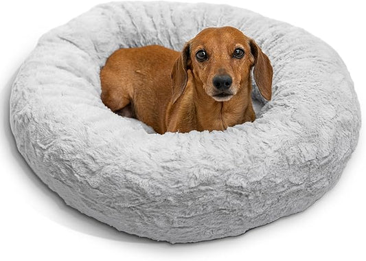 Best Friends by Sheri The Original Calming Donut Dog Bed for Small Dogs up to 25 lbs, Lux Faux Fur, Gray, 23" x 23"