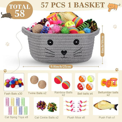 Zopeal 58 Pcs Easter Cat Storage Basket Gift Toys Set, Colorful Flashing Balls Pet Bell Crinkle Balls Spring Toys Attract Cat to Swat, Hunt, Interactive for Pet(Grey,9.8 Inch)