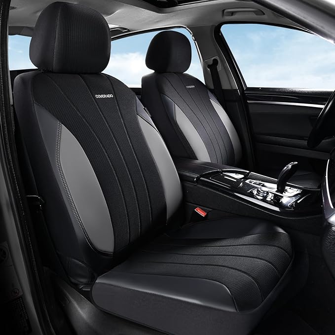 Coverado Seat Covers for Car 2 Seats, Leather Car Seat Covers Fullset, Breathable Mesh Front and Rear Protectors, Grey Luxury Automotive Covers, Universal Fit for SUV, Truck, Sedan