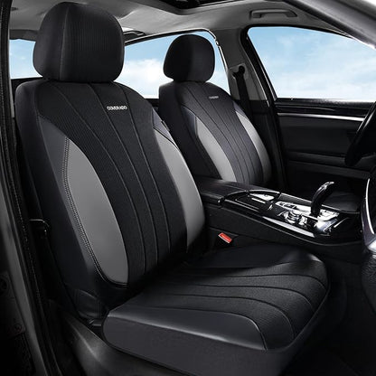 Coverado Seat Covers for Car 2 Seats, Leather Car Seat Covers Fullset, Breathable Mesh Front and Rear Protectors, Grey Luxury Automotive Covers, Universal Fit for SUV, Truck, Sedan