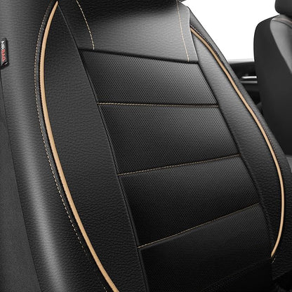 CAR PASS Universal FIT Piping Leather Two Front Seat Covers, Waterproof Faux Leather for SUV Sedan Van Truck, Airbag Compatible,Reserved Opening Holes for Headrest Covers. (Black and Beige)