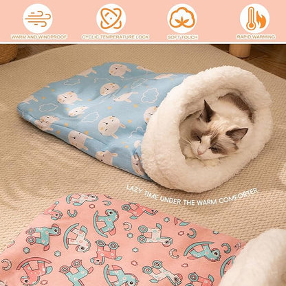 2pcs Winter Cat Sleeping Bag, Portable Warm Feline Bed,Warming, Soft Plush Cat Cave Bed Self-Sack for Indoor Cats Small Dogs 1-10kg（Pink&Blue,19.7x17.7in）