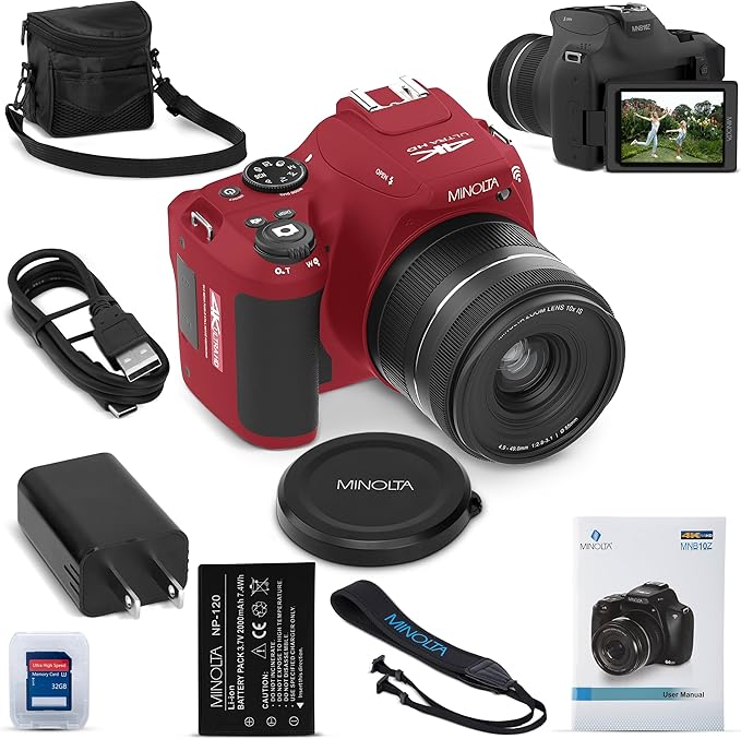 Minolta ProShot 64MP Digital Camera – 10x Optical Zoom, 4K Ultra HD Video, Macro Shooting, Anti-Shake, 3-inch LCD Screen, Face Detection – Includes 32GB SD Card, Battery & Case (Red)