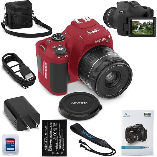 Minolta ProShot 64MP Digital Camera – 10x Optical Zoom, 4K Ultra HD Video, Macro Shooting, Anti-Shake, 3-inch LCD Screen, Face Detection – Includes 32GB SD Card, Battery & Case (Red)