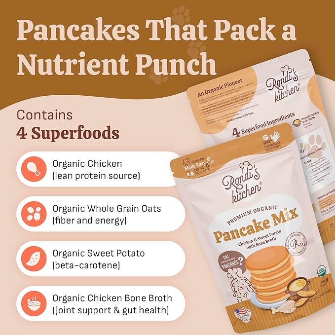 Rondi's Kitchen Organic Dog Pancake Mix - Natural Healthy Treat for All Dogs - Superfood Snack Made with Human-Grade Ingredients - Makes About 38 Pancakes - Chicken & Sweet Potato with Bone Broth