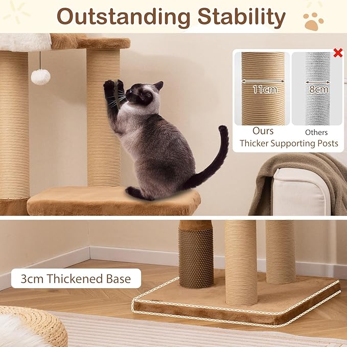 PETSITE 44-inch Modern Cat Tree for Indoor Cats, Multi-Level Cat Tower with Paper Rope Scratching Posts, Self Groomer, Sisal Rope, Soft Faux Rabbit Fur Covered Platforms, and Dangling Ball