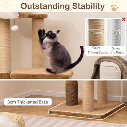 PETSITE 44-inch Modern Cat Tree for Indoor Cats, Multi-Level Cat Tower with Paper Rope Scratching Posts, Self Groomer, Sisal Rope, Soft Faux Rabbit Fur Covered Platforms, and Dangling Ball