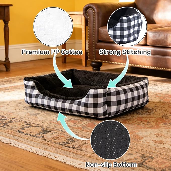 Hollypet Rectangle Plush Dog Cat Bed Self-Warming Pet Bed, Black Check