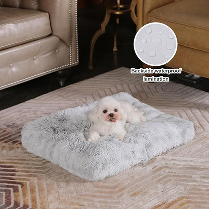 Bedfolks Waterproof Crate Bed, Plush Dog & Cat Bed with Removable Washable Cover, Faux Fur Kennel Pad, 17"x12", Grey