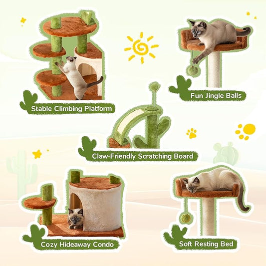 Cactus Cat Tree for Indoor Cats, Multi-Level Cat Tree Tower with Sisal Scratching Posts, Stable Cat Condo with Perches and Steps, 36.6", Brown