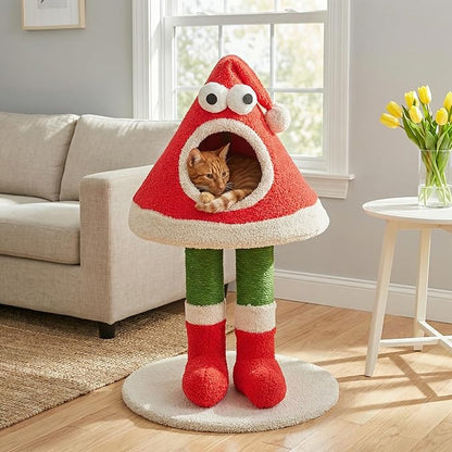 32" Cat Tree Tower –Santa Hat Design with Scratching Posts & Cozy Bed, Suitable for Small to Large Cats, Red