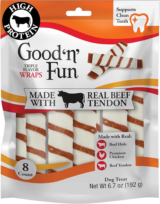 GOOD 'N' FUN Triple Flavor Wraps with Beef Tendon Chews, High-Protein Dog Treat for All Adult Dogs, Made with Real Beef Hide, Chicken & Beef Tendon, 8 Count