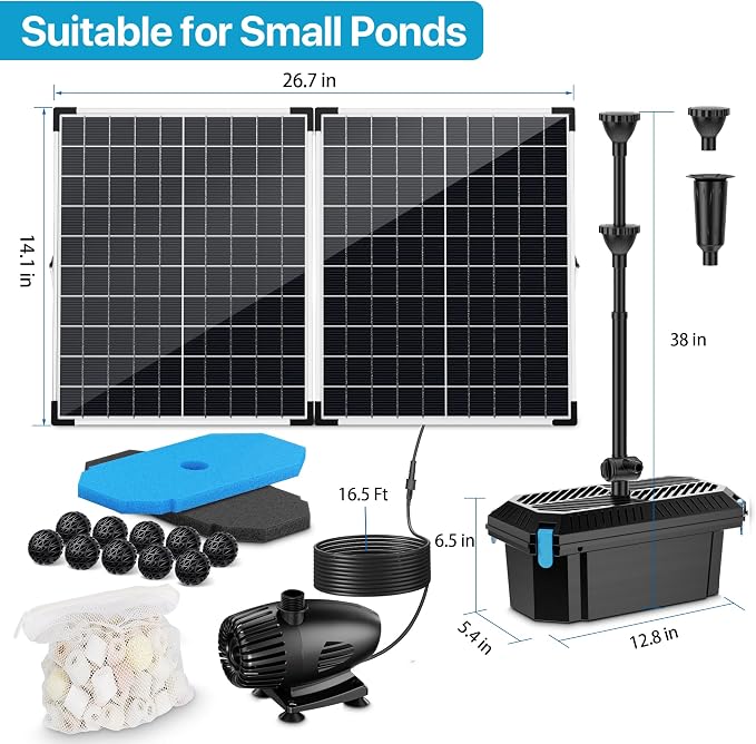 55W Solar Fountain Pump with Pond Filter Box, Solar Pond Pump 580GPH Adjustable Flow, Pond Filters for Outdoor Ponds Fish Tank Pool Waterfall Koi Pond Water Features