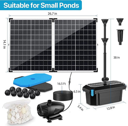 55W Solar Fountain Pump with Pond Filter Box, Solar Pond Pump 580GPH Adjustable Flow, Pond Filters for Outdoor Ponds Fish Tank Pool Waterfall Koi Pond Water Features