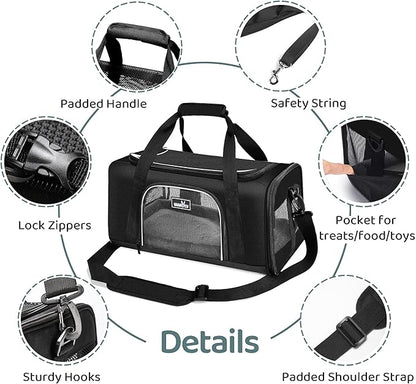 Wakytu TSA Approved Pet Carrier for Small Medium Cats and Dogs | Dog Carrier with Adequate Ventilation | 4 Mesh Windows, 3 Entrance, Locking Safety Zippers, Padded Shoulder Strap, Black
