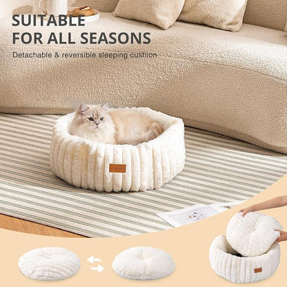 Cat Beds, Self Warming Cat Bed, Washable Pet Beds for Indoor Cats, Super Soft Faux Rabbit Fur Pet Bed for Puppy and Kitten with Anti-Slip Bottom (White, 20"x20"x8")