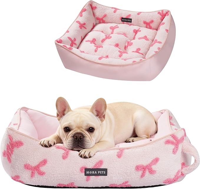 Mora Pets Reversible Dog Bed for Medium Size Dogs Washable - Cool & Warm 2-in-1 Anti Anxiety Calming Pet Bed for Summer, Rectangle Puppy Bed with Non Slip Bottom Cute Pink Bow (30''x24''x8'')