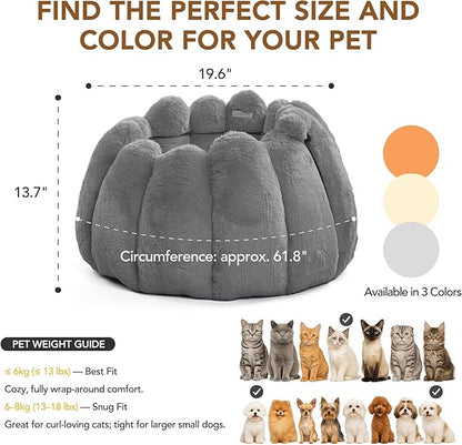 PETNOVO Pumpkin Calming Cat Bed,Plush Donut Cuddler with High Bolster,Ultra Soft Bunny Plush,Oeko‑TEX,Non-Slip Pet Nest,for Indoor Cats up to 13 lbs & Small Dogs,20Lx20Wx12H Inch,Grey