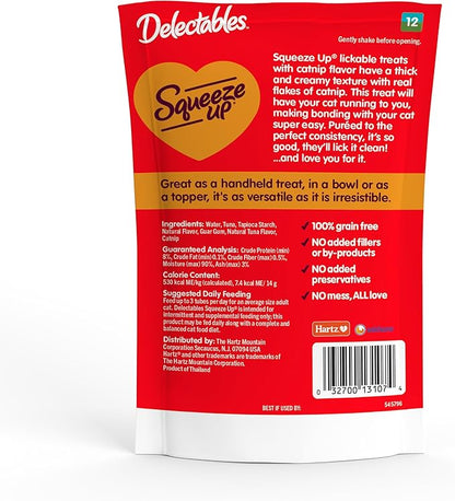 Delectables Squeeze Up Tuna with Catnip Creamy Squeezable Puree, Lickable Wet Cat Treats, Grain Free, No Added Fillers, No By-Products, No Added Preservatives, 0.5 Ounces Tube, 64 Tubes Total