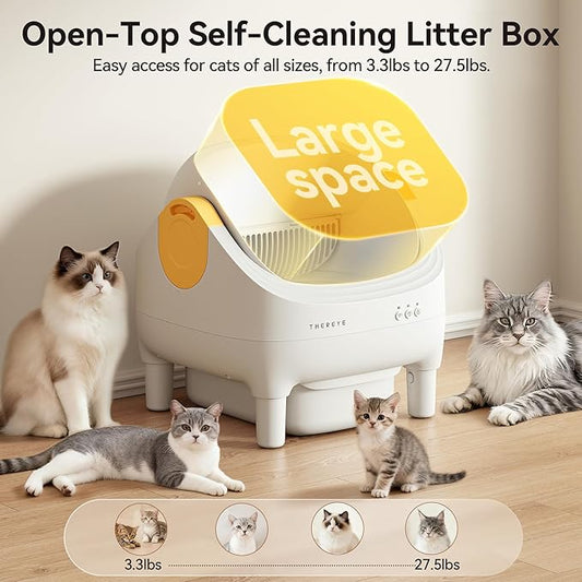 Thereye Automatic Litter Box, Open-Top Self Cleaning Litter Box with APP Control, Safety Sensors and 10L Large Waste Bin, Smart Auto Litter Box with 2 Roll Trash Bags, Mat for Multiple Cats