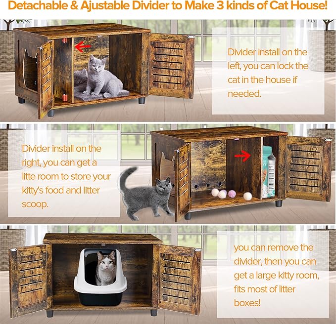 EasyCom Litter Box Enclosure, Hidden Cat Tree Tower Furniture for Indoor House, All-in-one Wooden Cat Litter Cabinet with Scratching Post and Condo, Rustic Brown