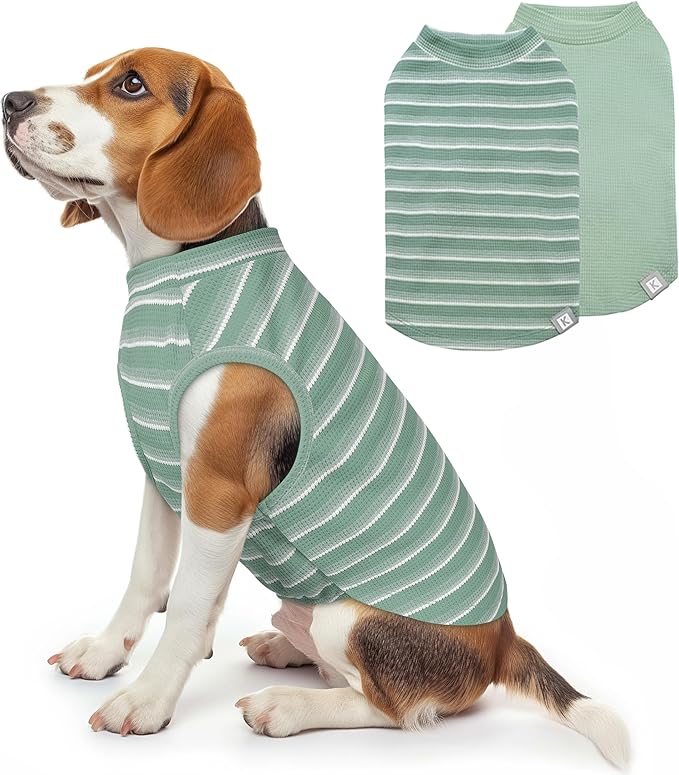 KYEESE 2Pack Waffle Dog Shirts, Lightweight Sleeveless Dog T Shirts for Medium Large Dogs Boy Girl, Breathable Pet Vest Comfortable Tank Top Soft Dogs Clothes for Daily Wear, Green+Striped, 2XL