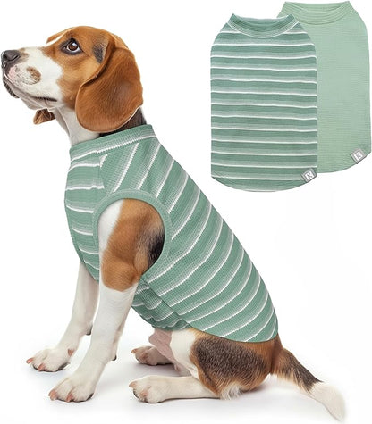 KYEESE 2Pack Waffle Dog Shirts, Lightweight Sleeveless Dog T Shirts for Medium Large Dogs Boy Girl, Breathable Pet Vest Comfortable Tank Top Soft Dogs Clothes for Daily Wear, Green+Striped, 2XL