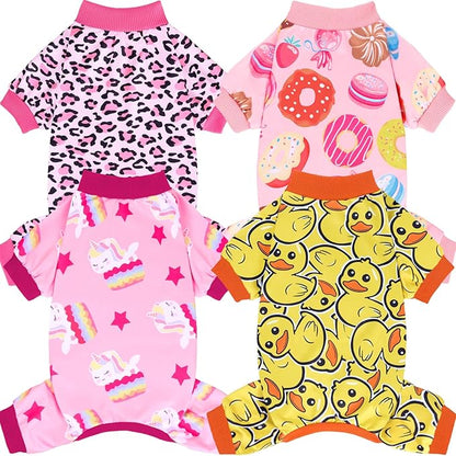 XPUDAC 4 Pack Dog Pajamas Soft Strechy Duck Pink Print Dog Clothes for Small Medium Dogs Girl Boy Cat Apparel, XS
