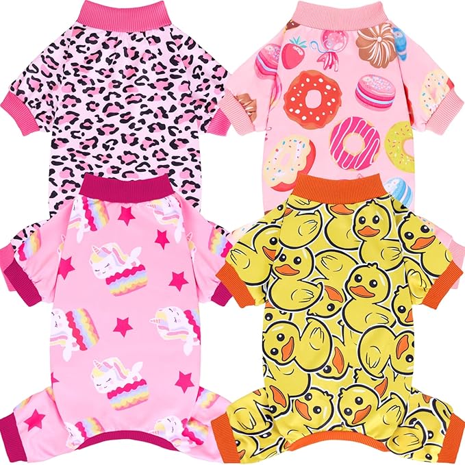 XPUDAC 4 Pack Dog Pajamas Soft Strechy Duck Pink Print Dog Clothes for Small Medium Dogs Girl Boy Cat Apparel, XL