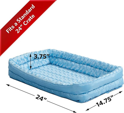 MidWest Homes for Pets Small QuietTime Double Bolster Pet Bed, Blue Plush 24-Inch Crate Mat with Stacked Bolsters, Machine Washable, Secure Fit with Elastic Straps