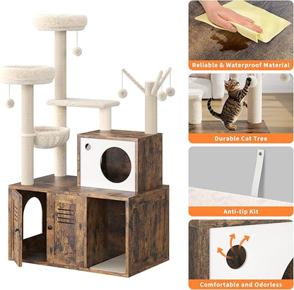 Cat Litter Box Enclosure with Tree Tower and Condo, Hidden Pet Washroom Furniture with Sisal Scratching Post,Hammocks and Soft Plush Perch, Wooden Cat Furniture with Multiple Platforms,Rustic Brown