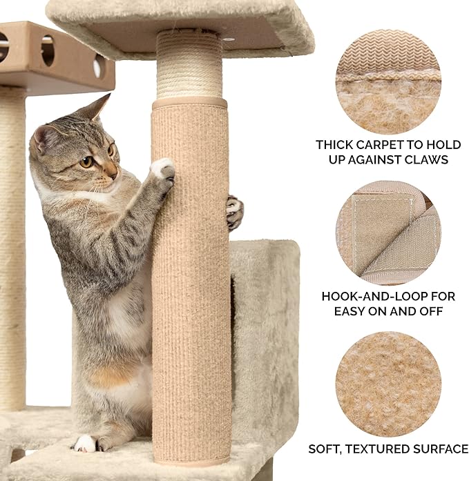 Furhaven Wrap Around Scratching Post Cover for Indoor Cats, Fits Posts Up to 3.5" Diameter, Durable & Less Mess - Tiger Tough Carpet Scratch Mat - Cream, Large (Pack of 3)