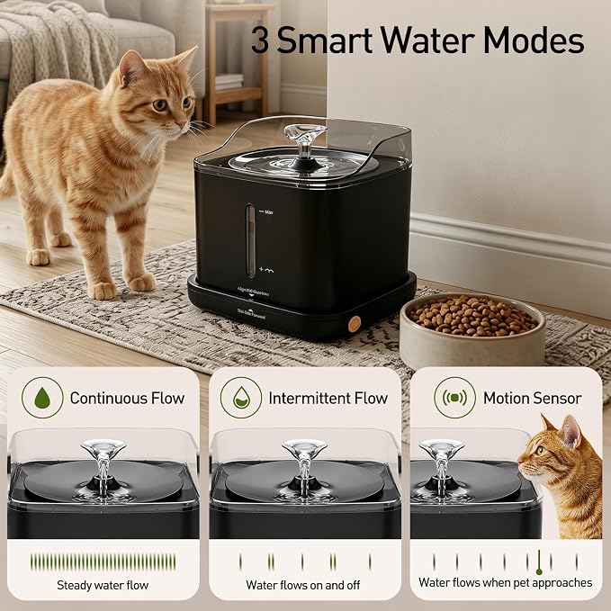 Cat Water Fountain, 2.2L Automatic Pet Water Fountain for Cats and Small Dogs, 2.4GHz WiFi App Control, Rechargeable Motion Sensor, 3 Water Modes, Detachable Tank, Black