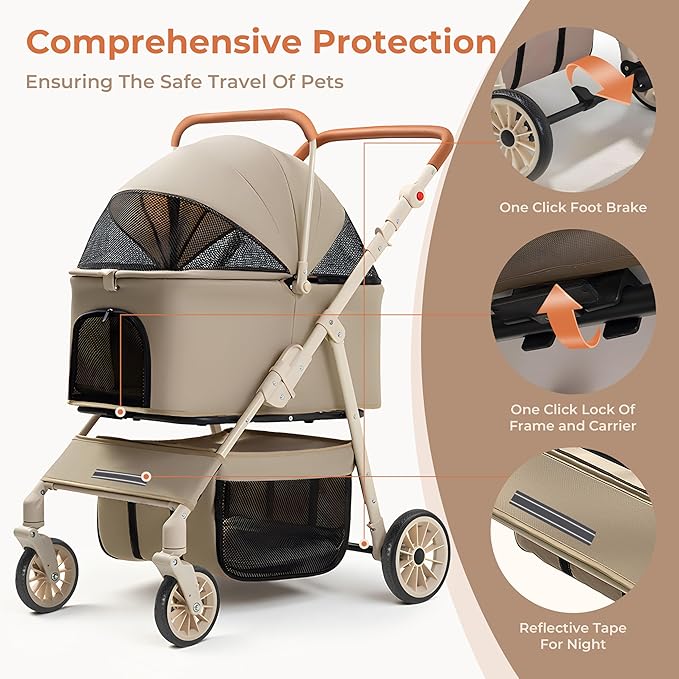 Dog Cat Stroller for Small/Medium Pets up to 55 Lbs, 3-in-1 Foldable Pet Stroller with Detachable Carrier, 4 Wheels, Adjustable Height, Single Foot Brake, Pet Strollers for Travel Outdoor