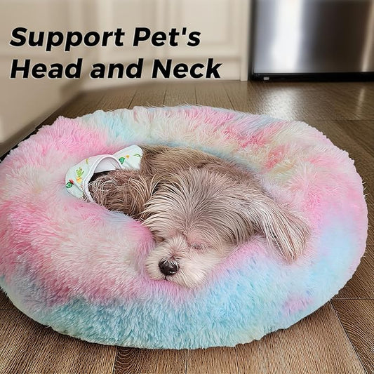 Calming Dog Bed & Cat Bed with Anti-Slip Bottom, Medium Size Washable Anti-Anxiety Donut Dog Beds for Small Dogs & Cats, Fluffy Plush Cozy Round Dog Bed(24 Inch, Rainbow)