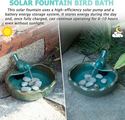 Ceramic Solar Fountain Bird Bath with Battery Backup,Solar Garden Fountain | Bird Bath Fountains Solar Power for Garden, Patio & Yard Decor,Working at Night for at Least 6 Hours (Bird)