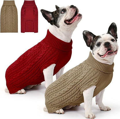 2 Pack Dog Sweaters for Medium Dogs Winter Turtleneck Pullover Cable Knit Fleece Stretch Frenchie Dachshund Pug Corgi Beagle Boy Girl Pet Clothes (M, Red & Brown)