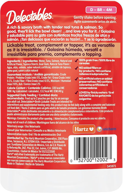 Delectables Lickable Treat Savory Broths Wet Cat Treat with Real Tuna & Salmon, Food Topper, Hydrating, Grain-Free, No Fillers, No By-Products, No Added Preservatives, 1.4oz Pouch, 12ct
