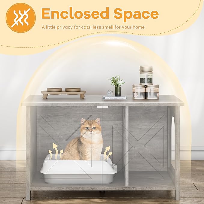 Shintenchi Cat Littler Box Enclosure, Litter Box Furniture Hidden with Removable Divider, Cat House with End Table, Grey, 31.5 inch