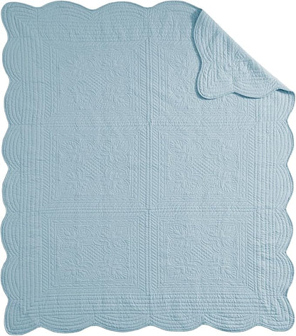 Madison Park Luxe Quilted Throw Blanket - Damask Stitching Design, Cotton Filled Spread, Ultra Soft, Cozy Bedding for Living Room Couch, Sofa, Bed, 60x72, Scalloped-Border Blue