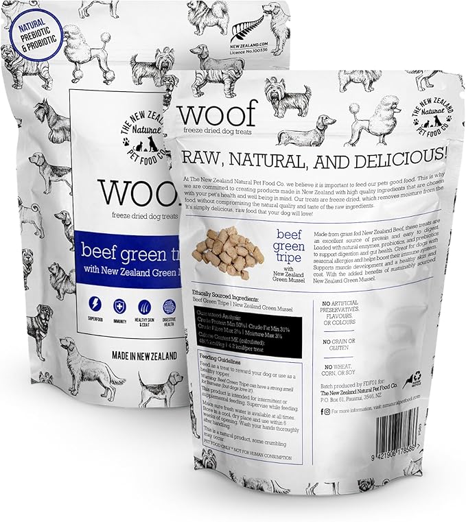 The New Zealand Natural Pet Food Co. WOOF Freeze Dried Dog Treats - Beef Green Tripe, High Protein, Treats Small & for Large Dogs, Natural, Topper or Dog Treat, 1.4 oz