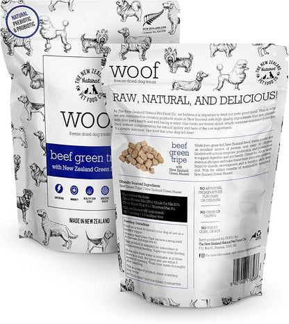 The New Zealand Natural Pet Food Co. WOOF Freeze Dried Dog Treats - Beef Green Tripe, High Protein, Treats Small & for Large Dogs, Natural, Topper or Dog Treat, 1.4 oz