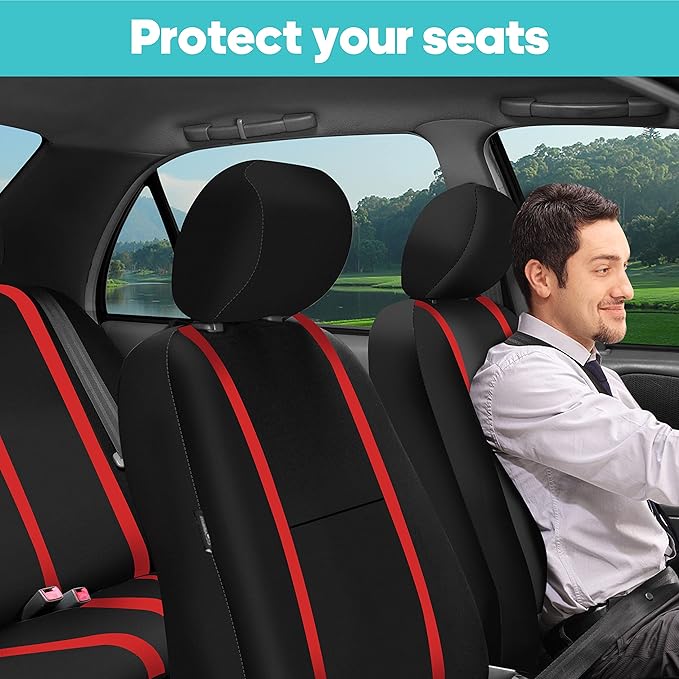 FH Group Car Seat Covers for Low Back Seats, Universal Fit Cloth, Red - Front Set, Removable Headrest, Washable, Automotive Seat Covers for SUV, Sedan, Van