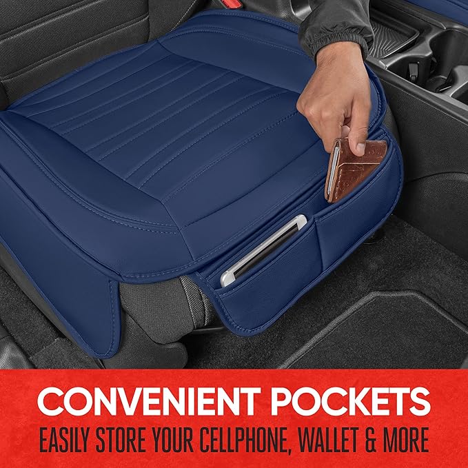 Motor Trend Seat Covers for Cars Trucks SUV, Faux Leather 2-Pack Blue Padded Car Seat Covers with Storage Pockets, Premium Interior Car Seat Cover