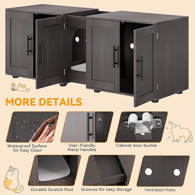 GAOMON Litter Box Enclosure with Double Room,Cat Hidden Litter Box Enclosure Furniture for 2 Cats with Double Room, 55”L x 17.7”W x 22.5”H Cat House,Wooden Enclosed Cat Litter Box Furniture,Walnut