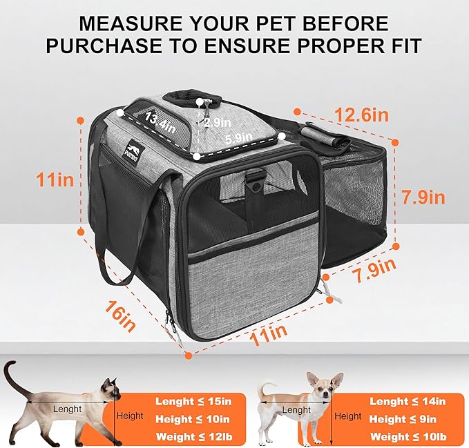 Cat Carrier, Airline Approved Dog Carrier with Top and Side Expansion, 360° Ventilation Soft-Sided Cat Carrier with Safety Leash, Foldable Travel Carrier for Small Cats and Dogs,Grey