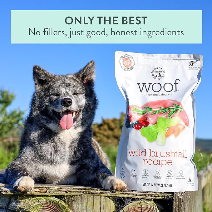 The New Zealand Natural Pet Food Co. WOOF Freeze Dried Dog Food - Wild Brushtail Recipe, High Protein Dog Treats, Dog Food Toppers & Meals, 2.2 lb
