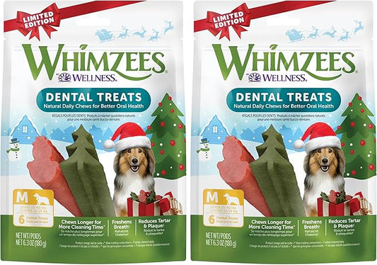 Whimzees by Wellness Holiday Natural Grain Free Dental Chews for Dogs, Medium Breed, 6 Count (Pack of 2)