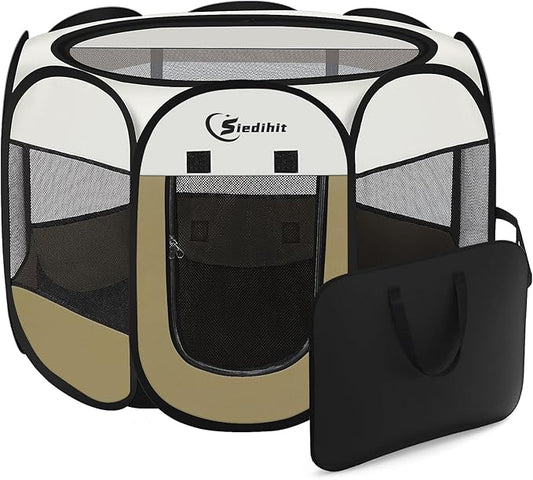 Siedihit Dog Cat Playpen, Medium Puppy Pet Playpen, Dog Crate Tent Cage Indoor/Outdoor, Portable Pop Up Dogs Kennel Playpen with Carrying Case for Dogs/Cats/Rabbits (Khaki,Medium)